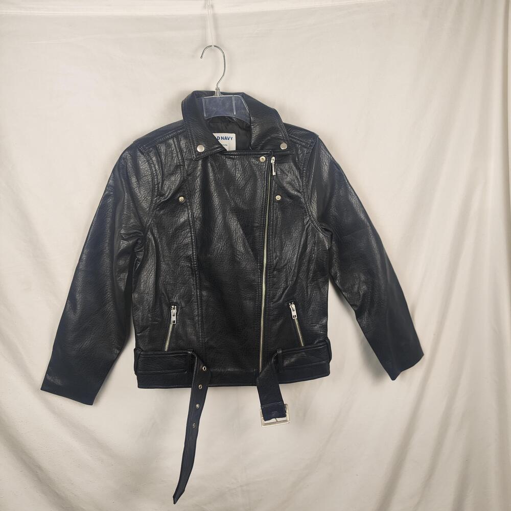 Old Navy Jacket Womens Petite XS Black Faux Leather Moto Belted Zip Pockets